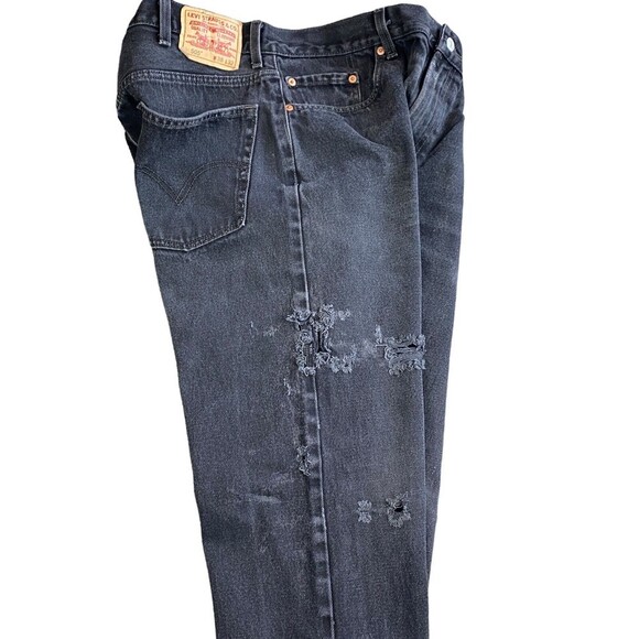 Levis 505 Black Denim Regular Fit Jeans Pants 38 x 32 Distressed - Picture 12 of 16